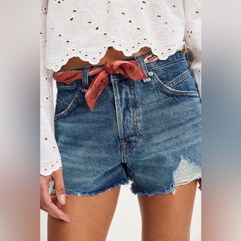 Free People Medium Wash Distressed Denim Jean Shorts